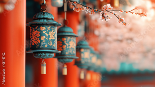 A detailed close-up of intricate teal and gold traditional Chinese lanterns hanging alongside vibrant cherry blossoms, evoking the elegance of Lunar New Year celebrations. photo