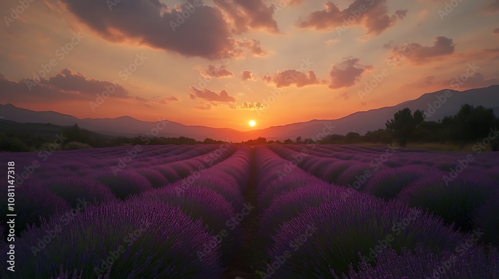Fototapeta premium Majestic sunset over lavender fields creating a tranquil landscape.