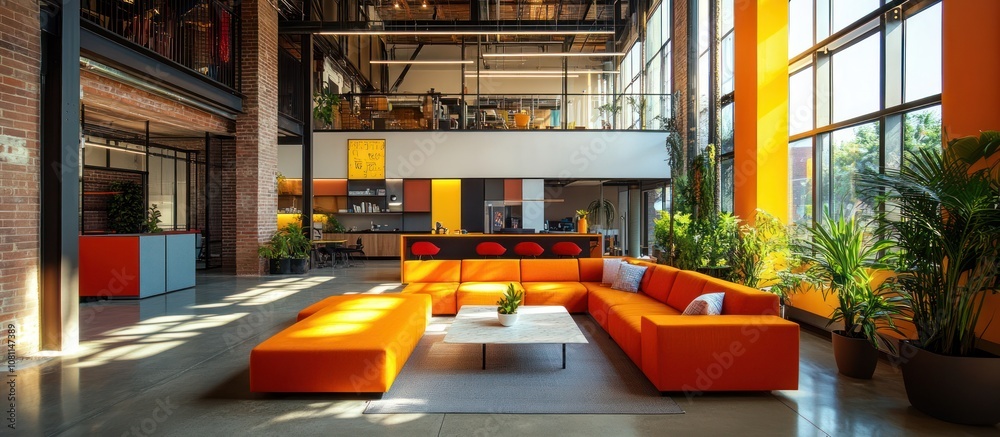 Modern open concept office space with an orange sectional sofa, large windows, and plants. Modern open concept office space with an orange sectional sofa, large windows, and plants.