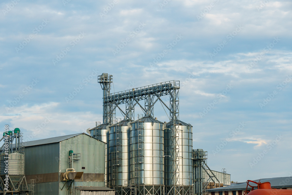 Obraz premium silver silos on agro manufacturing plant for processing drying cleaning and storage of agricultural products, flour, cereals and grain. Large iron barrels of grain. Granary elevator