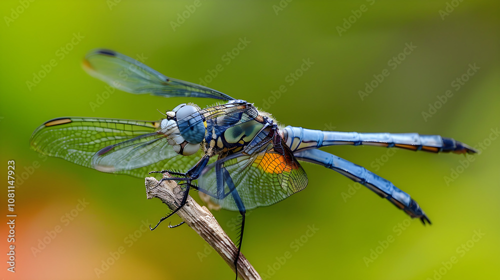 Shimmering dragonfly perched delicately on vibrant green leaf in stunning close-up macro photography shot. Shimmering dragonfly perched delicately on vibrant green leaf in stunning close-up macro photography shot.