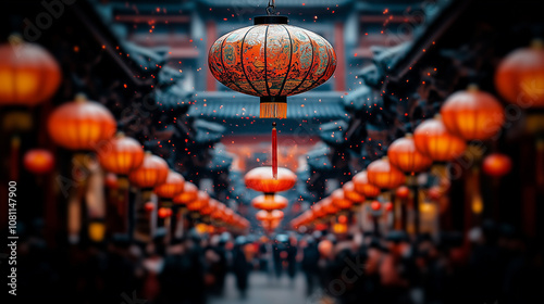 A beautifully decorated street adorned with traditional Chinese red lanterns, glowing warmly amidst a festive crowd celebrating Chinese New Year under a night sky. photo