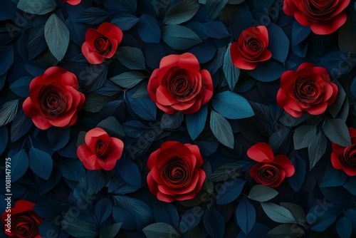 A black and red abstracted bas-relief painting depicting flowers