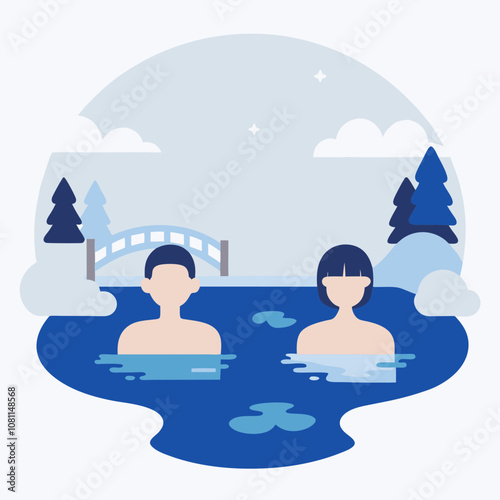 Two people are in a body of water, one of them is wearing a bathing suit. The water is blue and the sky is cloudy
