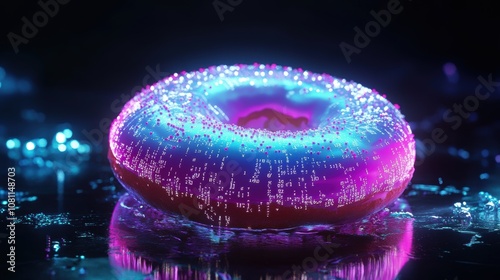 Futuristic digital donut with neon-colored glaze and binary code sprinkles, glowing with LED-like lights, floating above a black reflective surface, in a high-contrast cyberpunk theme.