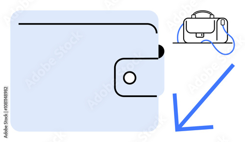 Wallet with button clasp alongside briefcase, blue downward arrow pointing diagonally. Ideal for finance, savings, business, investment, economy, downsizing, cost reduction themes. Line metaphor