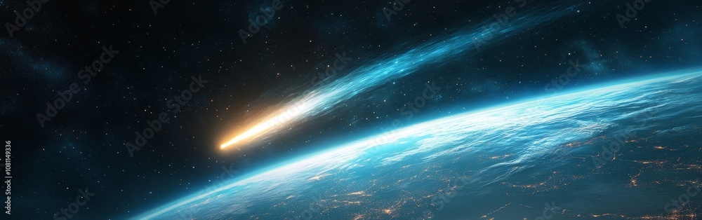 Comet passing Earth in space, stunning view of celestial travel and cosmic beauty