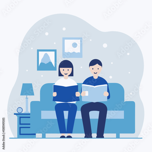 A man and a woman are sitting on a couch reading books. The man is reading a book with a blue cover, while the woman is reading a book with a red cover