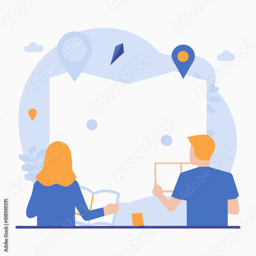 A man and a woman are looking at a map of Ohio. The man is holding a book and the woman is holding a tablet