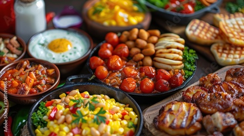 A variety of delicious food items, including beans, corn, grilled cheese, and meats, are arranged on a wooden table.