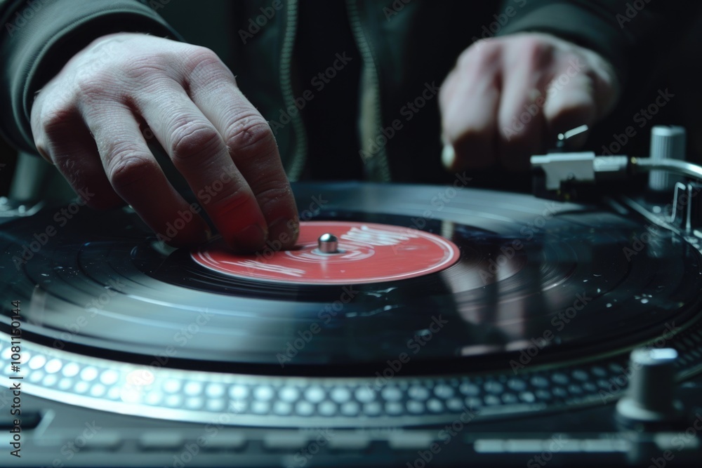 Dj hands on equipment deck and mixer with vinyl record at party Dj hands on equipment deck and mixer with vinyl record at party