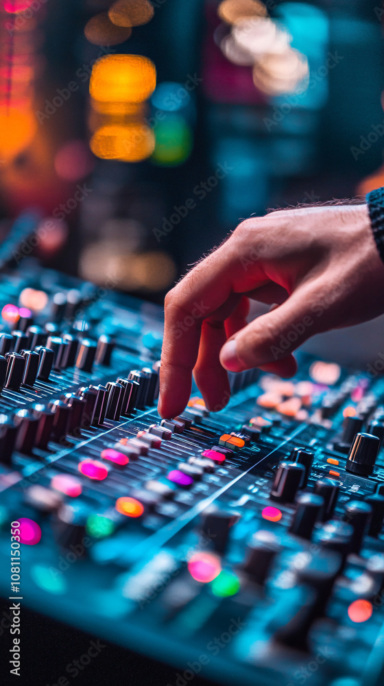 Live performance with hand adjusting audio mixer and colorful lights in the background Live performance with hand adjusting audio mixer and colorful lights in the background