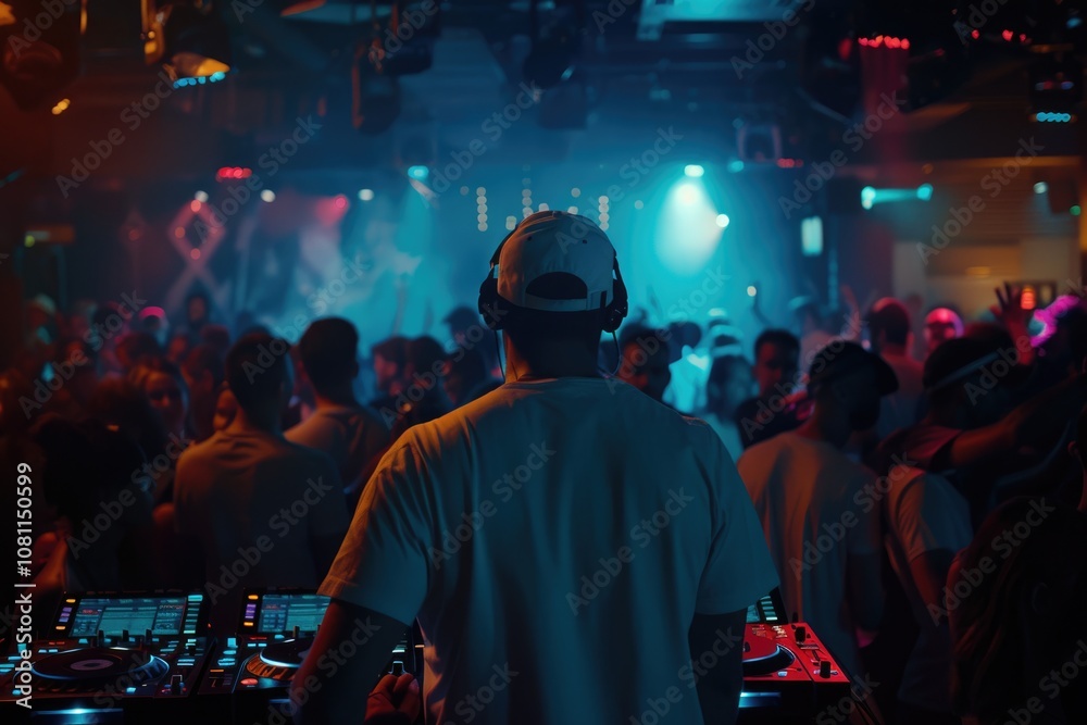 Dj party at nightclub. Crowd rave at the stage background. Stranger Djs