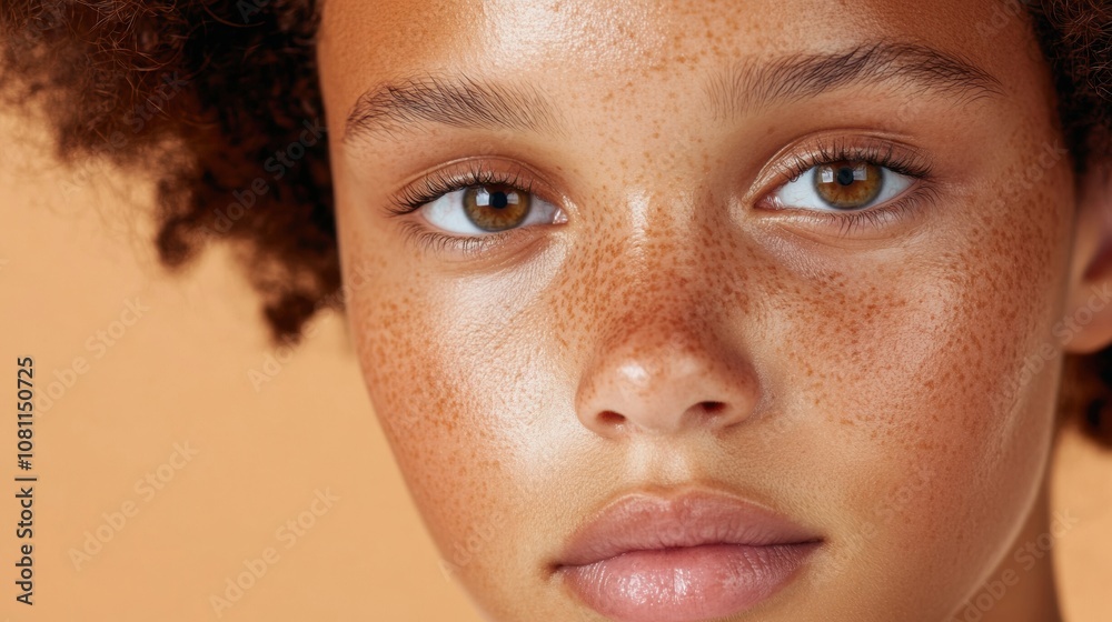 Young woman with freckles and curly hair gazes confidently at the camera, AI Young woman with freckles and curly hair gazes confidently at the camera, AI