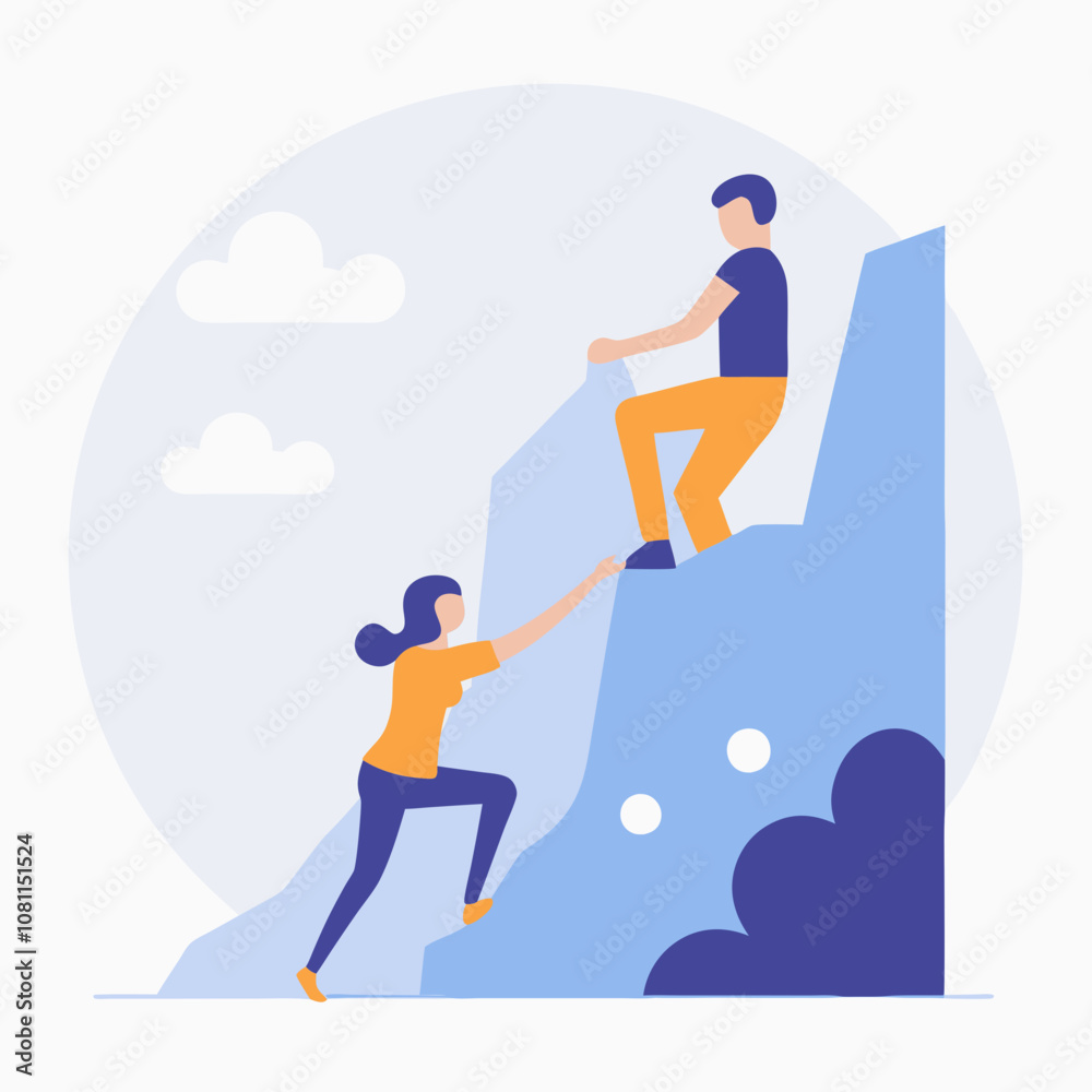 A man and a woman are climbing a mountain together. The man is helping the woman climb up the mountain A man and a woman are climbing a mountain together. The man is helping the woman climb up the mountain