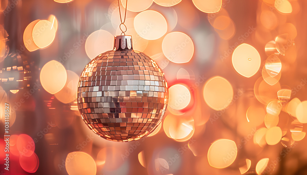 A sparkling disco ball hanging with warm, blurred bokeh lights in the background, creating a festive, celebratory, and retro atmosphere A sparkling disco ball hanging with warm, blurred bokeh lights in the background, creating a festive, celebratory, and retro atmosphere