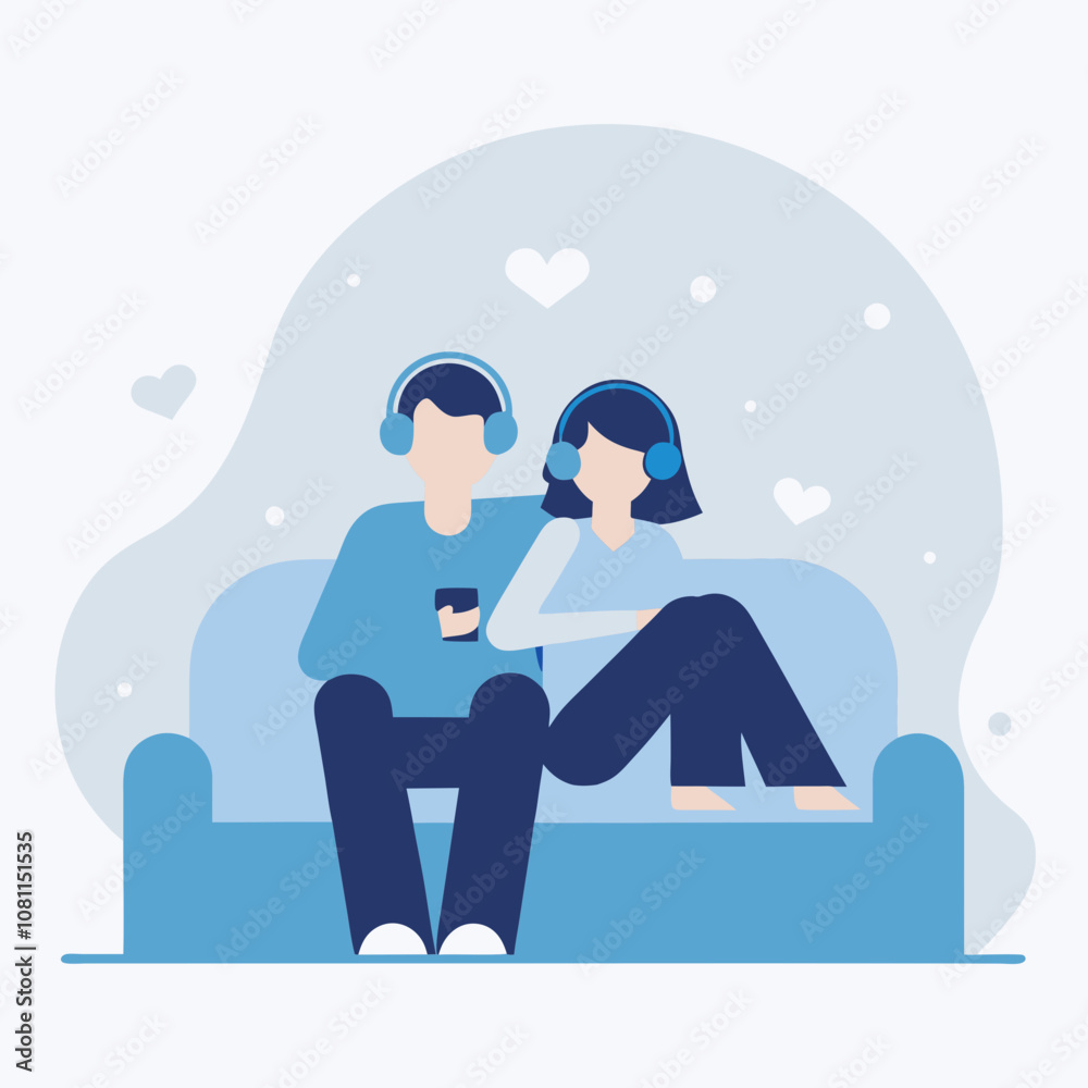 A man and woman are sitting on a couch, both wearing headphones. The man is holding a cell phone in his hand. Scene is relaxed and intimate, as the couple enjoys their time together A man and woman are sitting on a couch, both wearing headphones. The man is holding a cell phone in his hand. Scene is relaxed and intimate, as the couple enjoys their time together