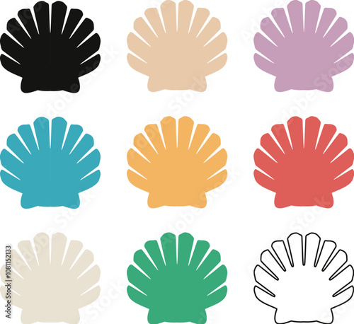 vector sea shell icons isolated on white background. seashell symbols. Colorful collection of ocean scallop animal pictogram. 
simple flat style graphic of seashells