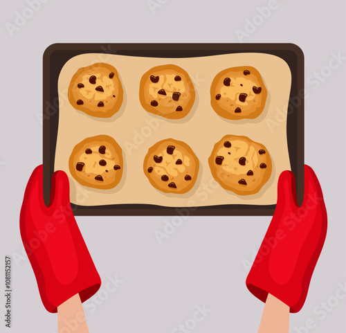 vector illustration of hands in oven mittens holding baking tray with homemade chocolate chip cookies. home bakery. 