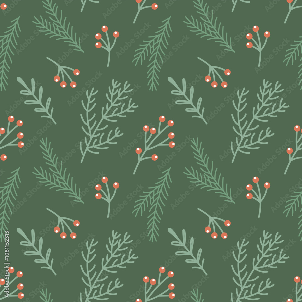 Seamless pattern with Christmas tree branches and rowan berries. Christmas background. Illustration. Seamless pattern with Christmas tree branches and rowan berries. Christmas background. Illustration.
