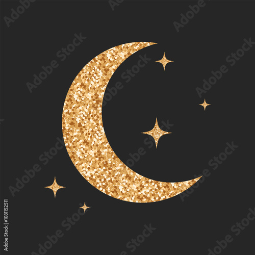 Crescent moon with stars. Gold glitter texture. Moon and stars icon. Sparkle luxury style illustration.