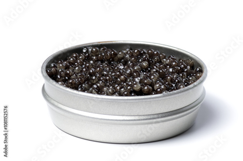 Black sturgeon caviar. Sturgeon caviar on a white background in a jar. photo