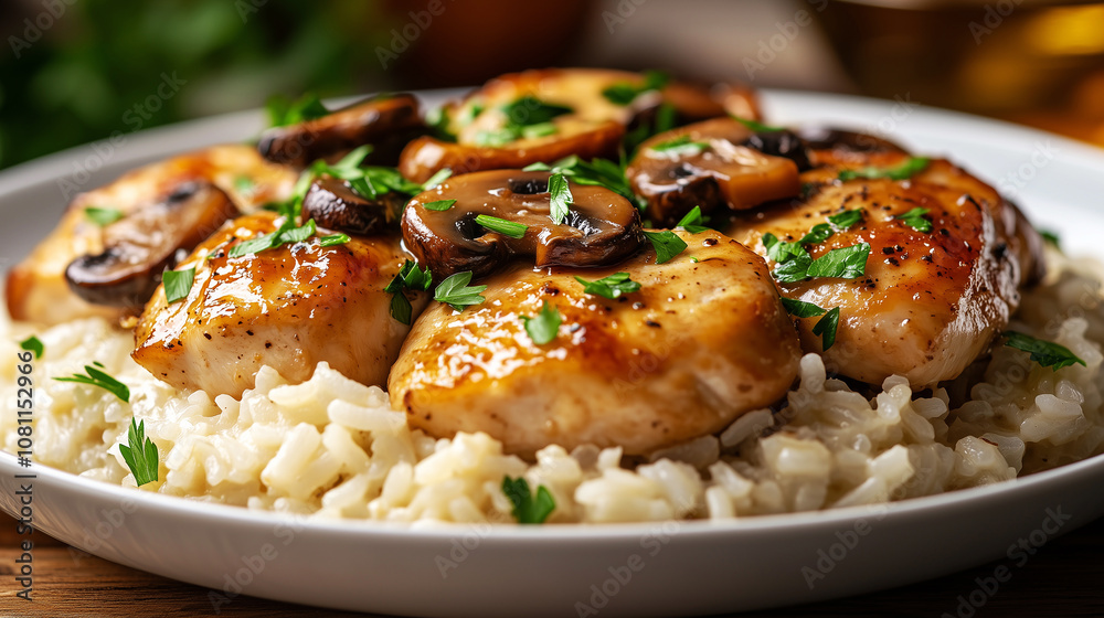 Close-up of one pot mushroom chicken served over fluffy rice Close-up of one pot mushroom chicken served over fluffy rice