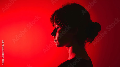 Portrait of a young woman with short hair, looking away from the camera with a neutral expression. She is wearing a dark shirt and has a bun.