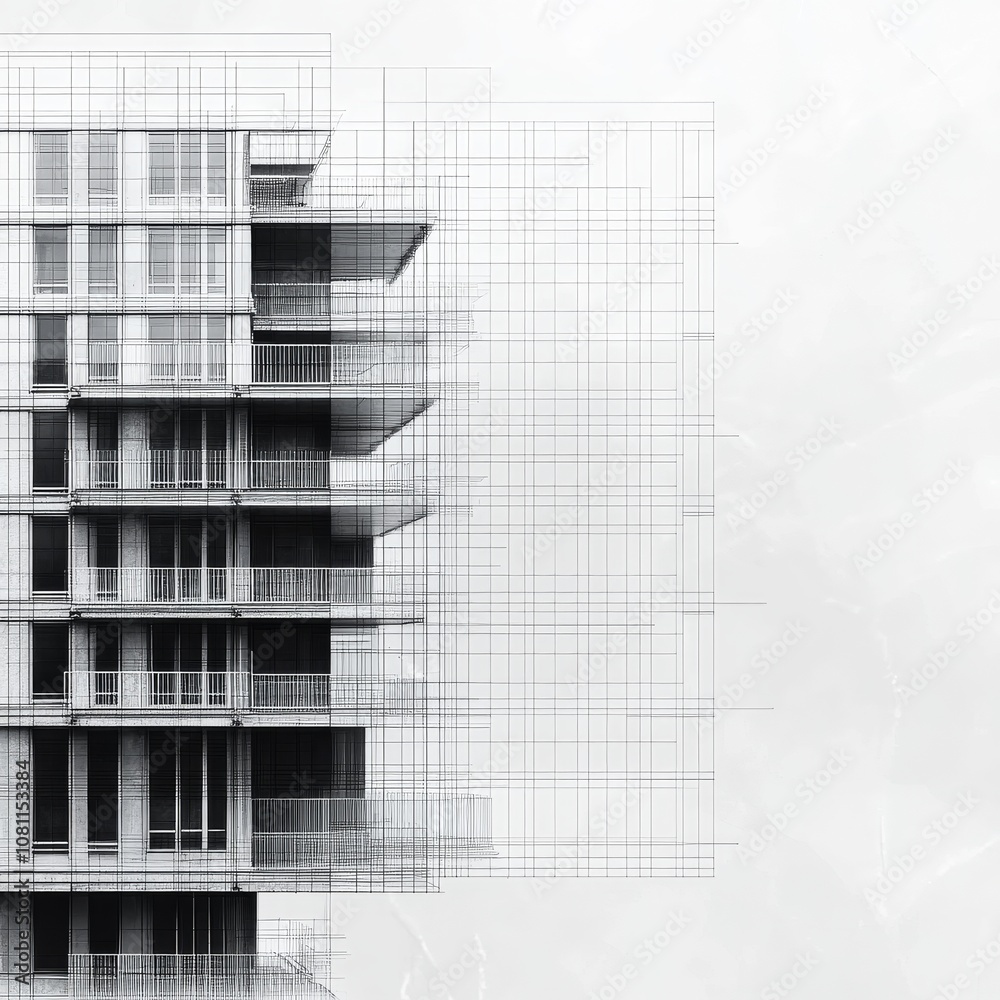 Split Image Building Building Split into Two Views: Real Environment and Technical Blueprint ...