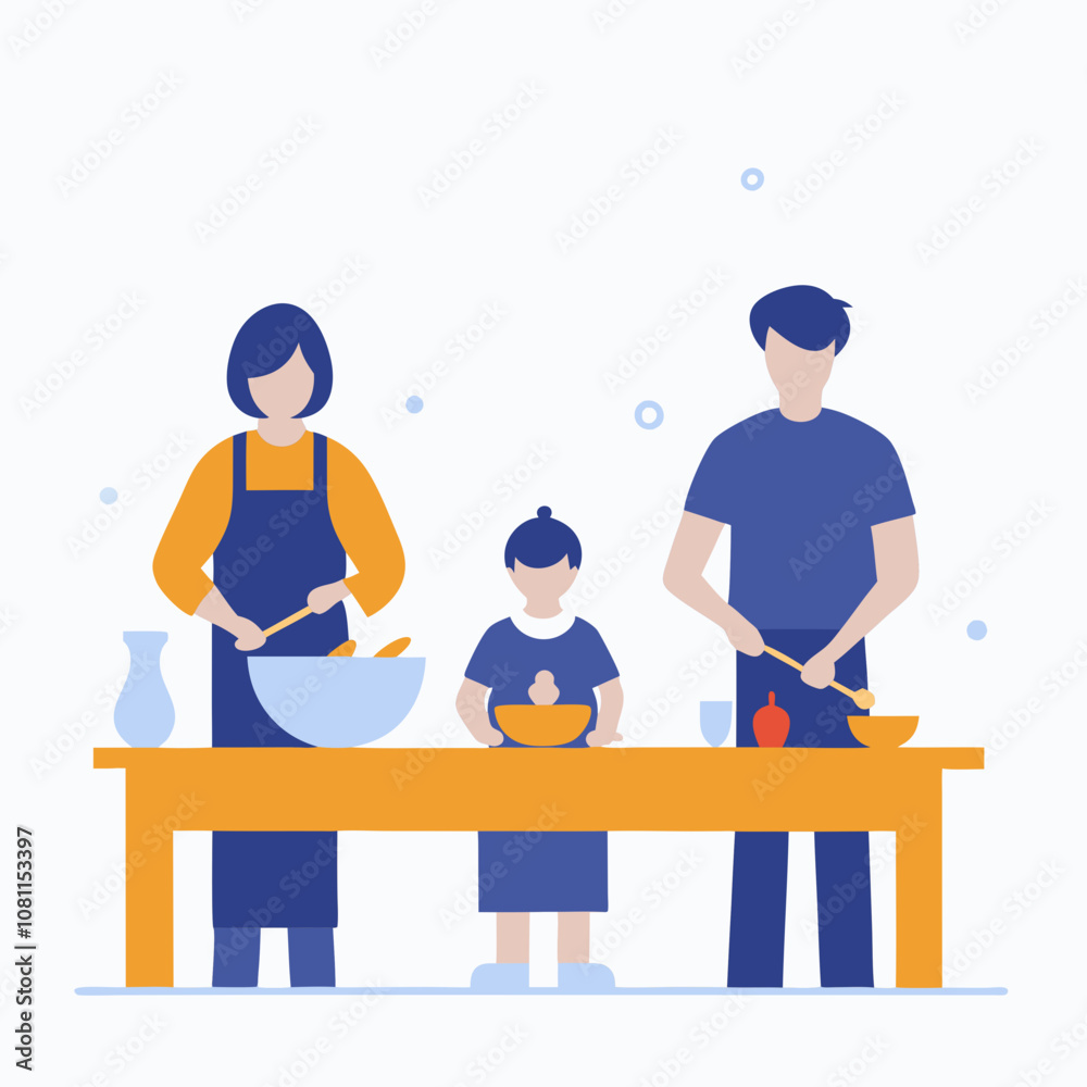 A family of three is cooking together at a table. The man is holding a spoon and the woman is holding a bowl. The child is also holding a spoon. The scene is cheerful and warm A family of three is cooking together at a table. The man is holding a spoon and the woman is holding a bowl. The child is also holding a spoon. The scene is cheerful and warm
