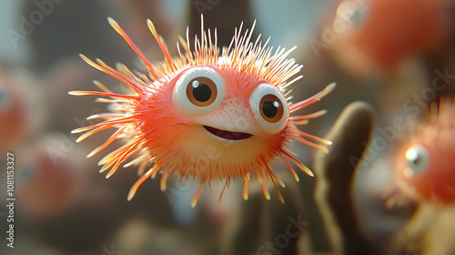 Playful cartoon puffball sea creature underwater landscape digital art colorful environment close-up view whimsical concept for marine life enthusiasts