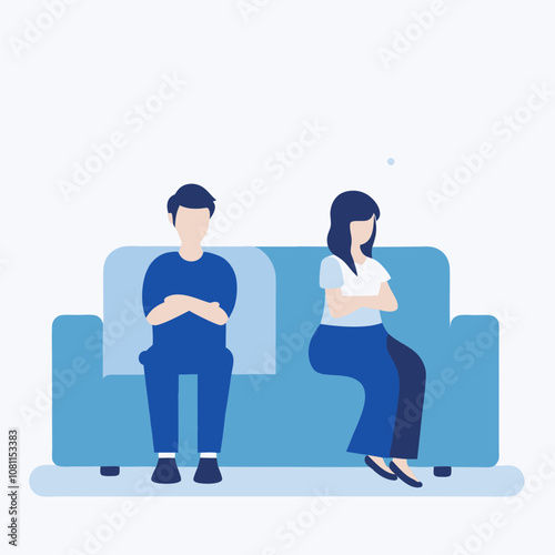 A man and woman sit on a couch, with the man looking down and the woman looking away. Scene is one of sadness and loneliness