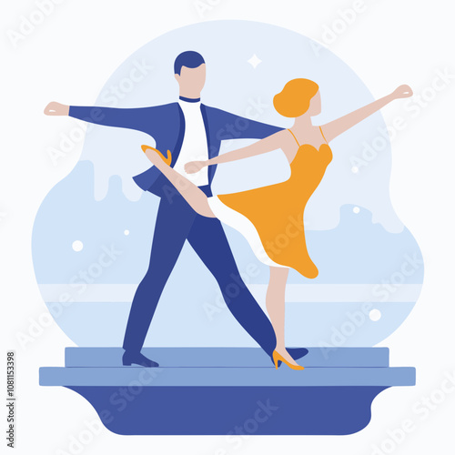 A man and a woman are dancing together. The man is wearing a blue suit and the woman is wearing an orange dress. The image has a romantic and elegant mood