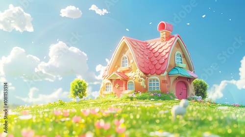 A cute cottage with a pink roof sits on a hilltop overlooking a lush green field. photo