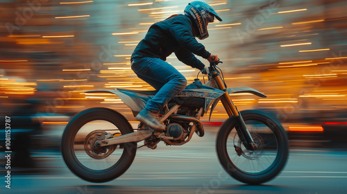 person on a dirt bike is riding fast on a city street at night