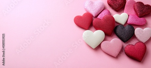 Pink and Red Hearts Scattered on Pink Background, Valentines Day Romance and Love Concept.