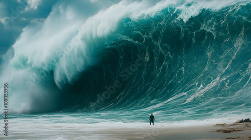 Man Facing Immense Ocean Wave, giant wave, huge wave, massive wave, tsunami, big wave photo
