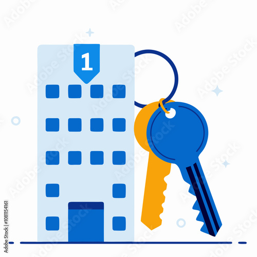 A key is shown next to a building with the number 1 on it. Concept of a building with a key attached to it, possibly indicating a lock or a key to access the building