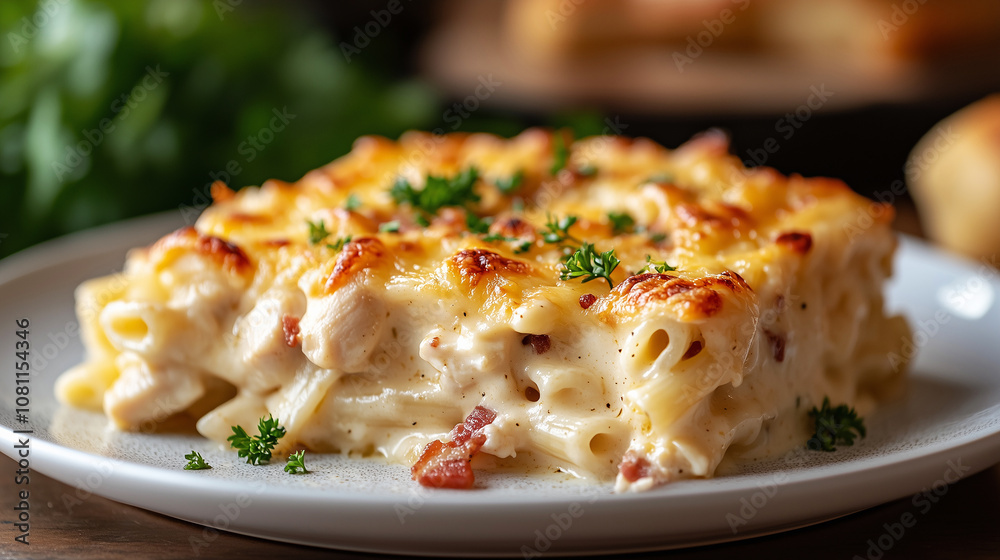 Creamy chicken carbonara bake served on a plate with fresh parsley garnish