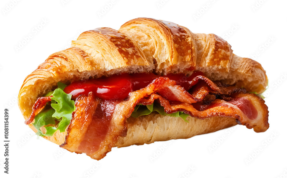Tomato ketchup poured on toasted croissant sandwich with bacon isolated on a transparent background Tomato ketchup poured on toasted croissant sandwich with bacon isolated on a transparent background