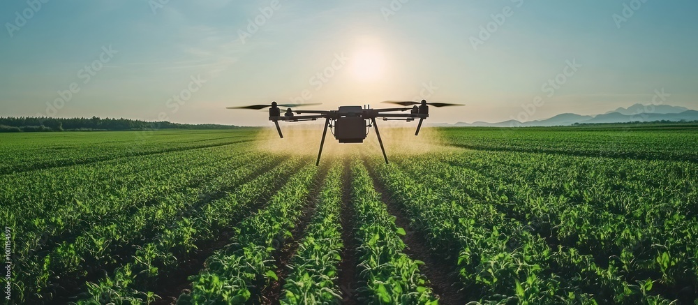 A drone sprays a field of crops at sunset.