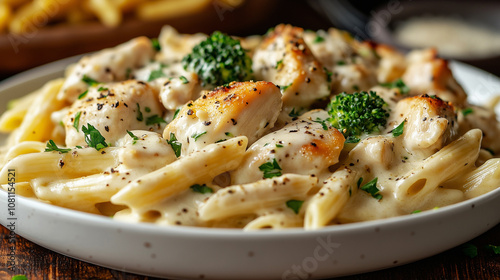 Creamy chicken broccoli alfredo with fresh ingredients served on a plate