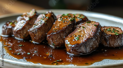 Close up of maple glazed venison served on a rustic plate in autumn setting
