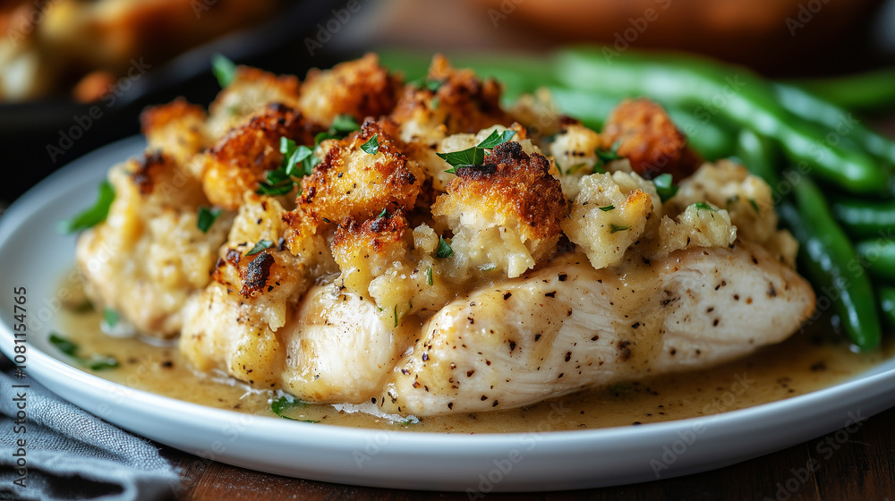 Close up of savory chicken and stuffing served with green beans on a plate Close up of savory chicken and stuffing served with green beans on a plate