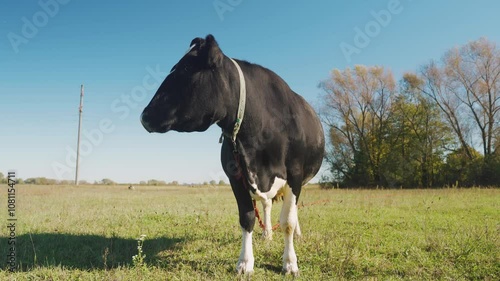 Curious adult dairy cow in a field. The animal cow is fertilizing in a field in sunny autumn weather. Cattle breeding on a farm for milk and meat. Agricultural business, modern farming. Low angle shot photo