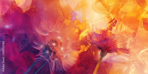 Abstract floral background with dandelion and flower petals in shades of red, orange, and purple.