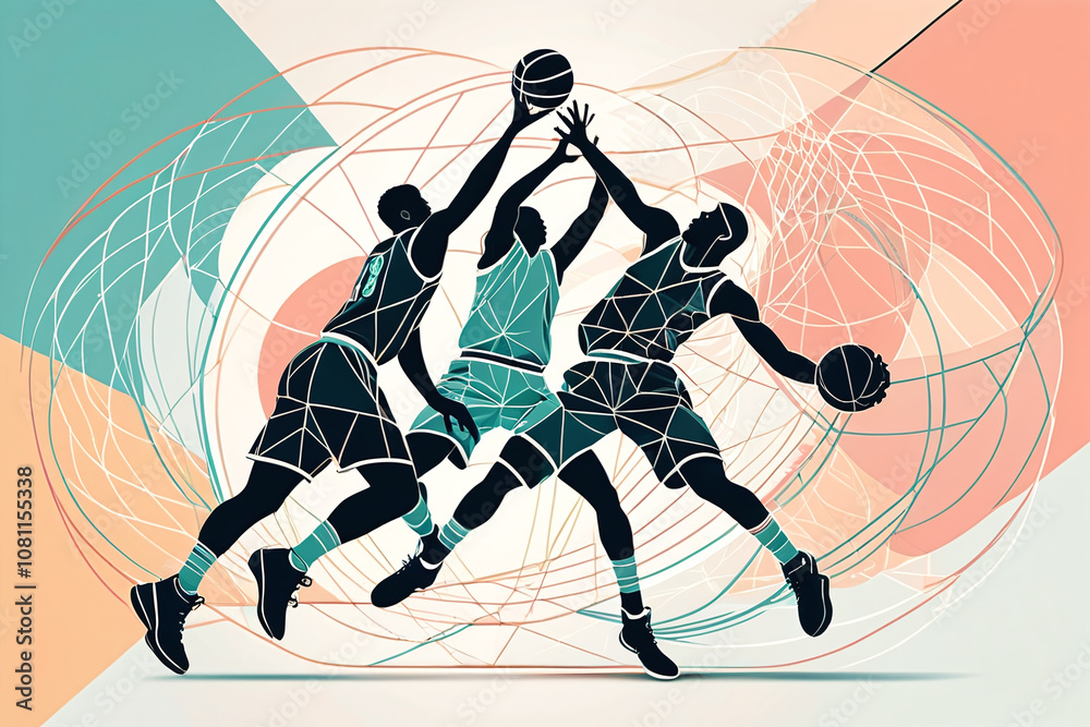 Obraz premium Silhouette of basketball players with artistic background