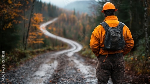 A person wearing an orange hard hat and jacket stands on a winding forest road surrounded by autumn foliage, symbolizing exploration and solitude in nature.