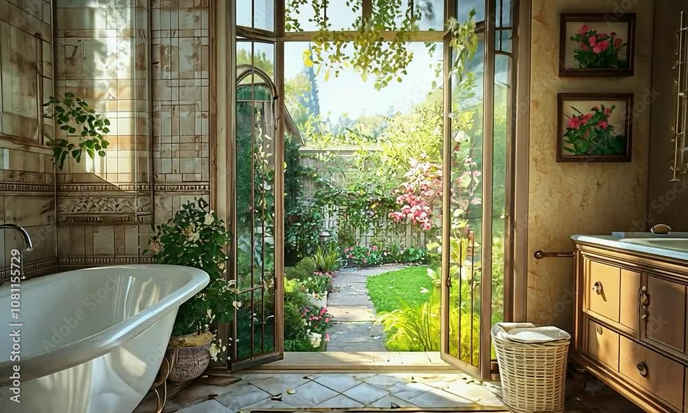 Cozy bathroom with a rustic wooden vanity, a comfortable tub, and a view of rolling hills