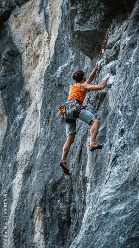 a man climbs a cliff. A climber climbs to the top of the mountain. World Rock Climber's Day a man climbs a cliff. A climber climbs to the top of the mountain. World Rock Climber's Day